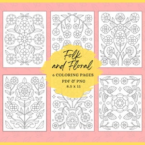 Może przedstawiać: Sześć czarno-białych stron do kolorowania z kwiatowymi wzorami. Strony są zatytułowane "Folk and Floral" i zawierają 6 stron do kolorowania, PDF & PNG, 8,5 x 11.