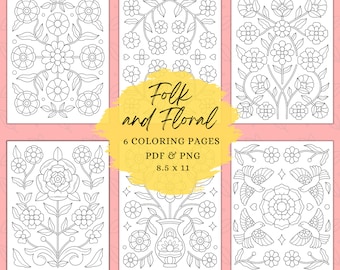 Folk Floral Coloring Page, Coloring Sheets, Coloring Pages For Adults, Coloring Pages, Scandinavian, Instant Download, Hygge Pattern PNG PDF