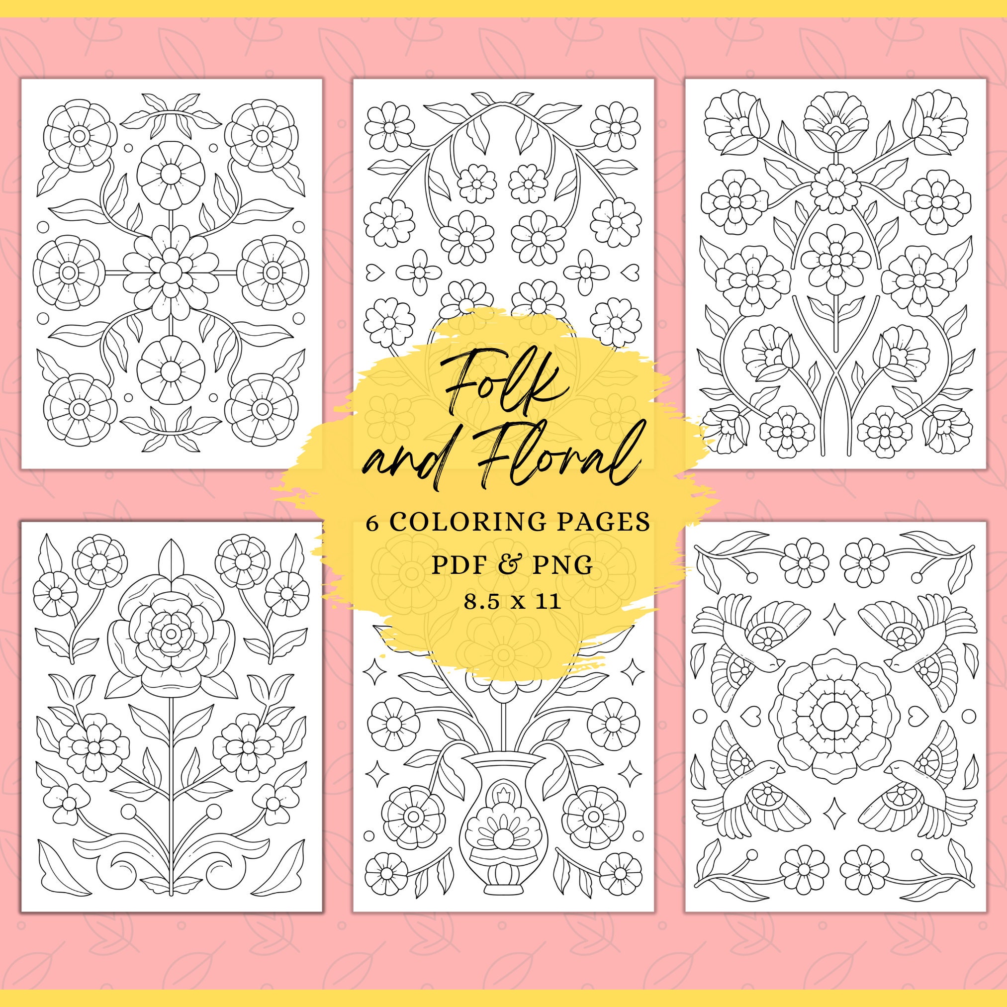 Lámina de colorear para adultos – Patrón folk y floral con estilo hygge escandinavo, descarga instantánea imprimible