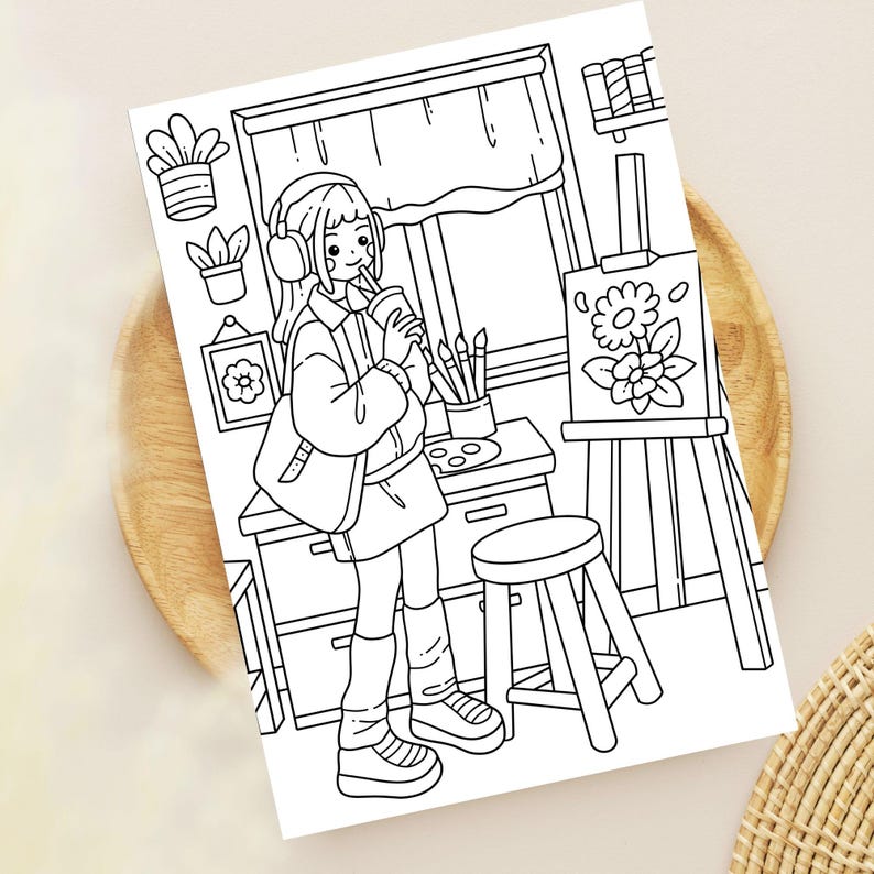 Cozy Girls Coloring Pages, Easy Printable PDF PNG, Hand-Drawn Pages for iPad, Procreate, Digital Coloring Pages, Cozy Girl Moments image 5
