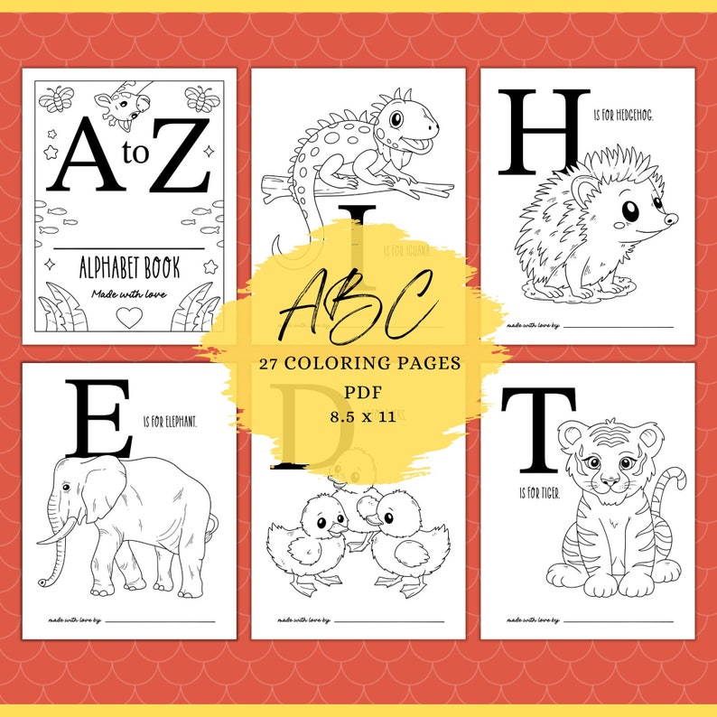 May include: Black and white coloring book pages featuring the alphabet from A to Z with illustrations of animals. The title of the book is "ABC 27 Coloring Pages PDF 8.5 x 11".