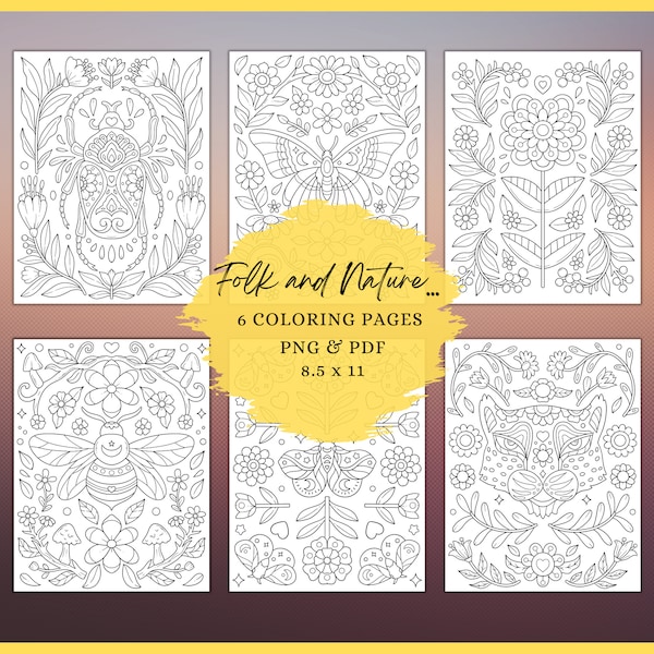 Folk And Nature Coloring Page, Coloring Sheets, Coloring Pages For Adults, Coloring Pages, Scandinavian, Instant Download, Hygge Pattern