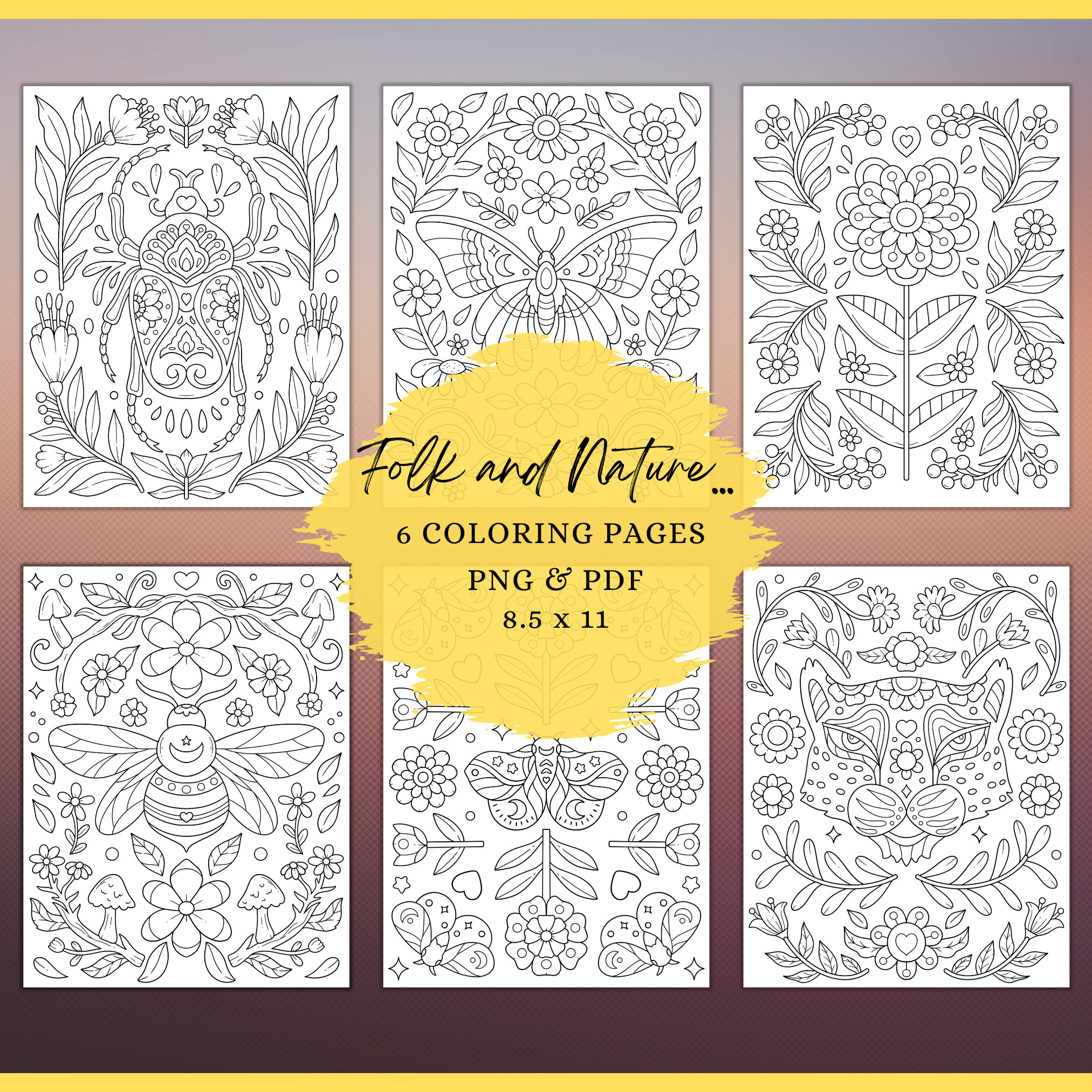 Folk And Nature Coloring Page, Coloring Sheets, Coloring Pages For Adults, Coloring Pages, Scandinavian, Instant Download, Hygge Pattern