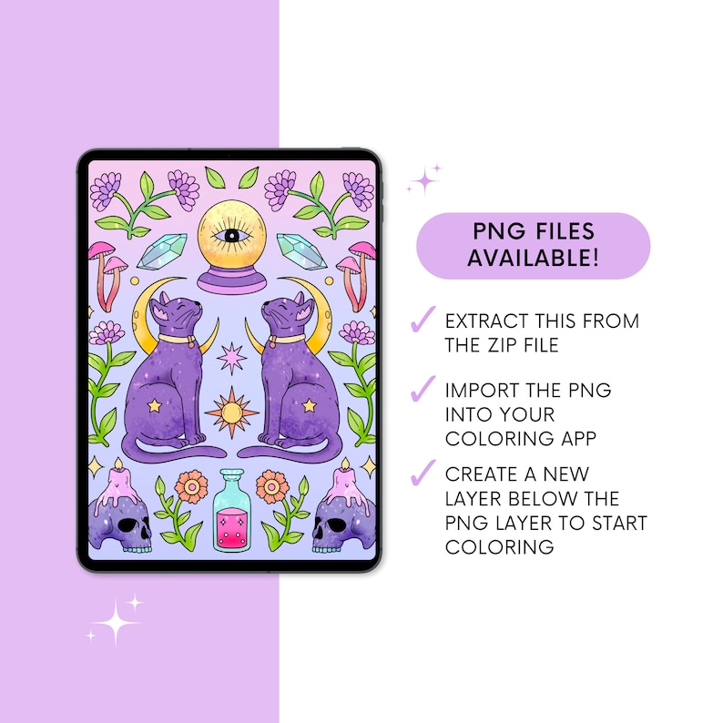 May include: A digital illustration of a colorful, whimsical design featuring two black cats, a crystal ball, flowers, mushrooms, stars, and a potion bottle. The design is on a tablet screen with the text "PNG FILES AVAILABLE!" and instructions on how to use the image.