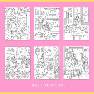May include: Six black and white illustrations of girls in different settings. Each illustration features a girl with a different activity, such as drinking coffee, reading a book, painting, or playing with a cat. The illustrations are in a simple, cartoon style and are perfect for coloring.