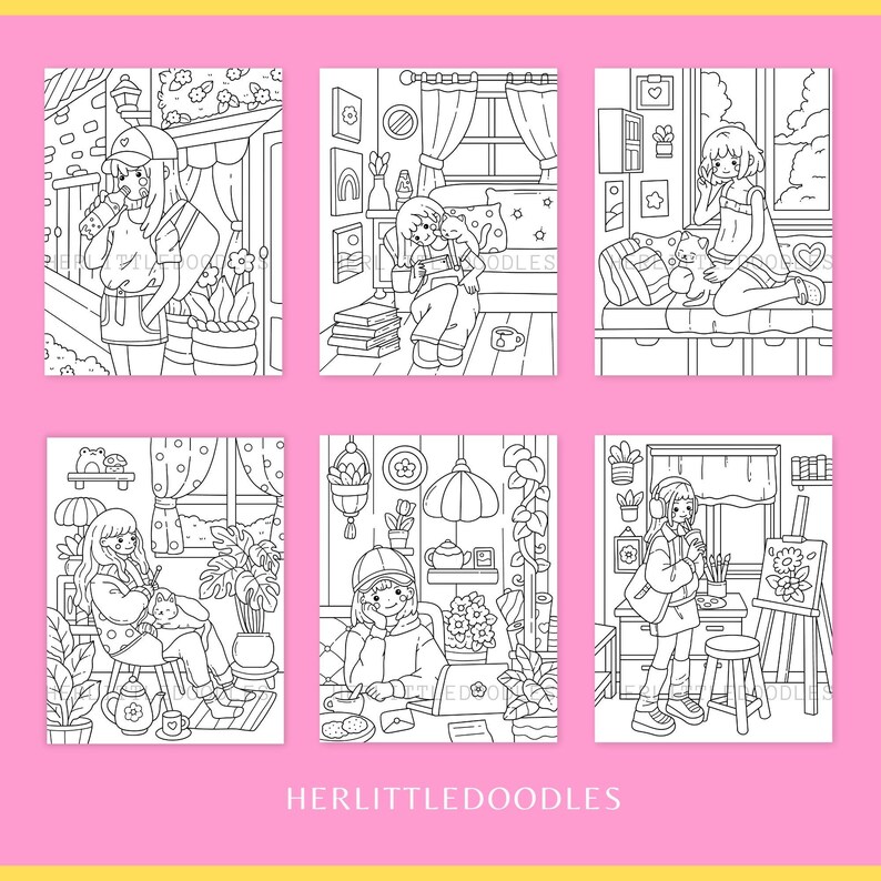 May include: Six black and white illustrations of girls in different settings. Each illustration features a girl with a different activity, such as drinking coffee, reading a book, painting, or playing with a cat. The illustrations are in a simple, cartoon style and are perfect for coloring.