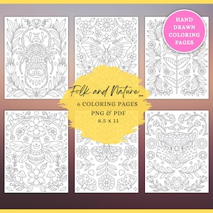 Página para colorear de folklore y naturaleza, hojas para colorear, páginas para colorear para adultos, páginas para colorear, escandinavo, descarga instantánea, patrón hygge PNG