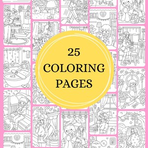 May include: A set of 25 coloring pages featuring cute illustrations of girls and animals. The pages are black and white and ready to be colored in. The illustrations include a girl reading a book, a girl with a teddy bear, a girl taking a bath, and a girl sitting on a bench.