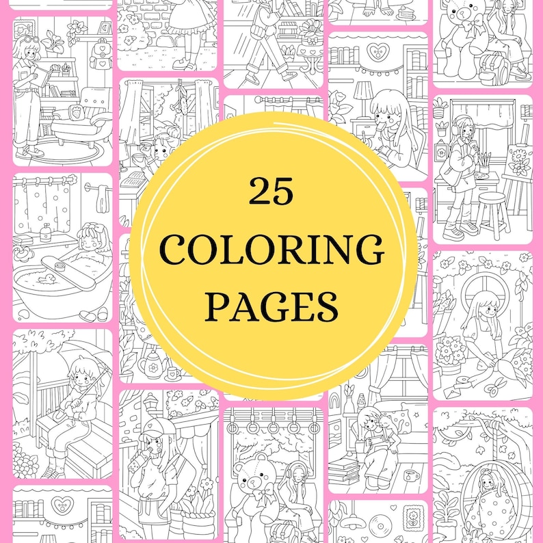 May include: A set of 25 coloring pages featuring cute illustrations of girls and animals. The pages are black and white and ready to be colored in. The illustrations include a girl reading a book, a girl with a teddy bear, a girl taking a bath, and a girl sitting on a bench.