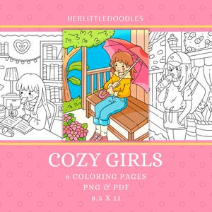 Cozy Girls Coloring Pages, Coloring Sheets, Coloring Pages, Instant Download, Cute Coloring Book, Garden Printable, Cozy Coloring For Girls
