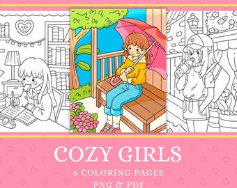 Kawaii Cozy Girls Coloring Pages: Garden Printable (PNG, PDF)