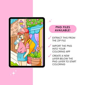 May include: A digital illustration of a girl with pink hair wearing a pink and white baseball cap, a pink shirt, and blue denim shorts. She is holding a blue water bottle and standing in front of a building with a pink door and a window with flowers. The image is in a digital tablet frame.