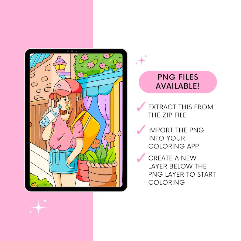 May include: A digital illustration of a girl with pink hair wearing a pink and white baseball cap, a pink shirt, and blue denim shorts. She is holding a blue water bottle and standing in front of a building with a pink door and a window with flowers. The image is in a digital tablet frame.