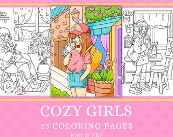 Cozy Girls Coloring Pages, Easy Printable PDF PNG, Hand-Drawn Pages for iPad, Procreate, Digital Coloring Pages, Cozy Girl Moments
