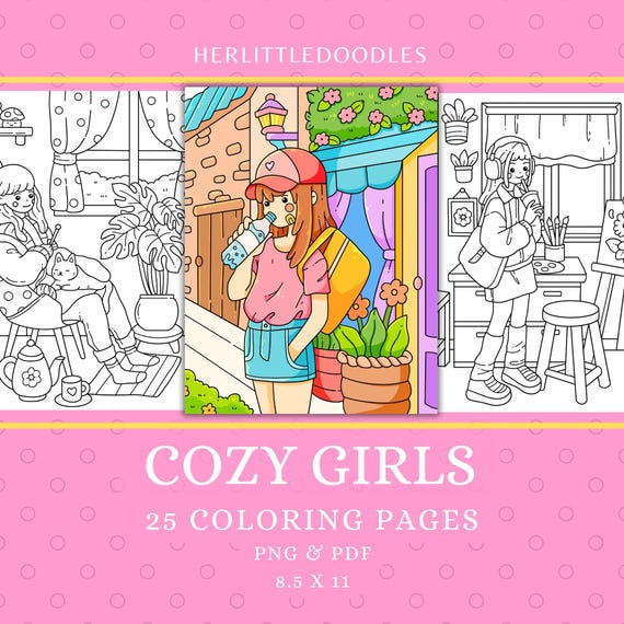 Cozy Girls Coloring Pages, Easy Printable PDF PNG, Hand-Drawn Pages for iPad, Procreate, Digital Coloring Pages, Cozy Girl Moments