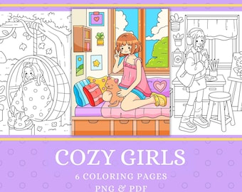 Cozy Girls Coloring Pages: Kawaii Illustrations (PNG & PDF)