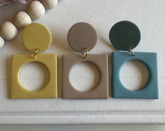 Boho Yellow Geometric Dangle Earrings: Hypoallergenic Statement Polymer Clay