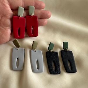 Boho Navy Blue Statement Dangle Earrings: Minimalists Geometric Red Polymer Clay Earrings