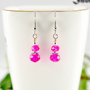 Hot pink dangle earrings, Simple glass crystal drop earrings, Modern Minimalist earrings, Colorful prom jewelry, Sweet Sixteen Birthday Gift
