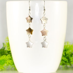 Long Sea Shell Star Earrings, Natural mother of pearl earrings, Dangly ocean beach earrings, Summer vacation jewelry, Unique Gift for women