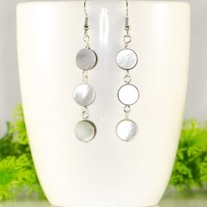 Grey mother of pearl earrings, Extra long dangle natural seashell earrings, Unusual boho bridal earrings, Nautical ocean beach wedding gift