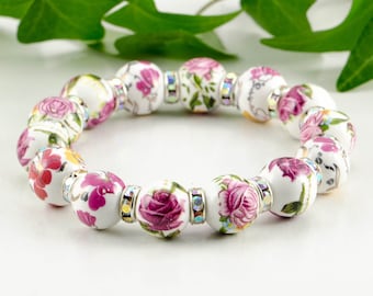 Floral Ceramic Bead Bracelet, Sparkly Rhinestone beaded bracelet, Modern Flower girl bracelet, Bridesmaids present, Unique gift for gardener