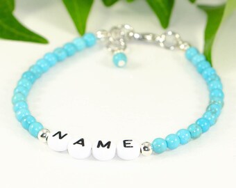 4mm Turquoise Howlite Bracelet, Custom name bracelet, Genuine gemstone and letter bead bracelet, Personalize word bracelet, Mothers Day gift