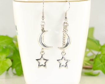Crescent moon and star earrings, Modern long chain earrings, Unusual galaxy earrings, Celestial dangle earrings, Mothers Day gift for women