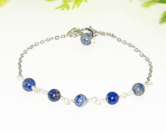 Lapis Lazuli Anklet, Real Gemstone ankle bracelet, Genuine Crystal Anklet for women, Handmade beaded chain anklet with clasp, Birthday Gift