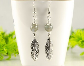 Natural Labradorite Earrings, Long Tibetan silver feather earrings, Handmade gemstone earrings, Iridescent crystal earrings for women