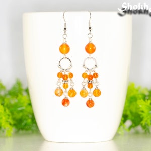 Statement Carnelian Earrings, Natural Orange Gemstone Earrings, Handmade crystal earrings, Modern chandelier Earrings, Fall/Autumn earrings