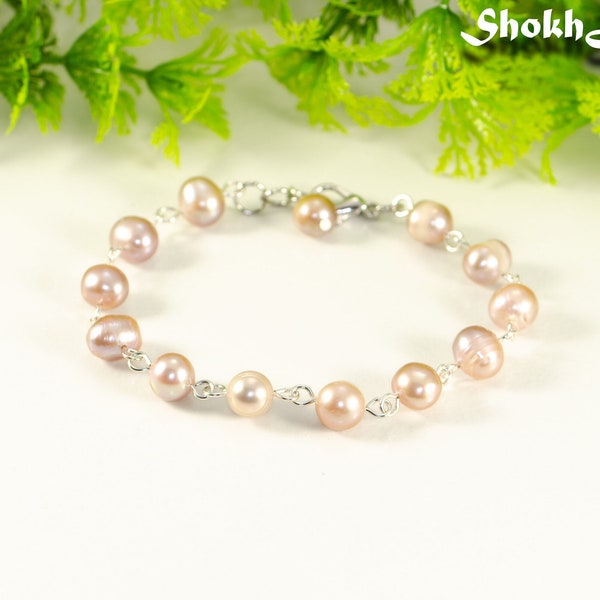 Lavender Pearl Bracelet, Lilac freshwater pearl bracelet for women, Handmade beaded link chain bracelet with clasp, June birthstone jewelry