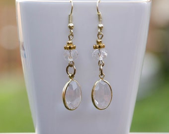 Clear crystal dangle earrings, Oval gold framed fancy glass bead earrings, Statement Bridal earrings, Bridesmaids gift