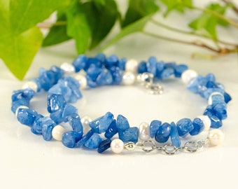 Blue quartzite and freshwater pearl anklet, Handmade raw crystal ankle bracelet, Natural gemstone chip anklet, Women foot or wrist bracelet