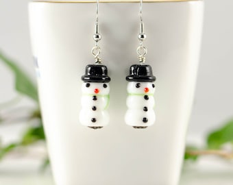 Glass Snowman earrings, Novelty Winter Holiday Jewelry Gift, Festive Christmas Earrings, Handmade snow man earrings, Cool stocking stuffer