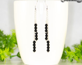 Long Black Onyx Earrings, Cascading silver plated chain earrings, Handmade black gemstone earrings, Natural stone cluster dangle earrings