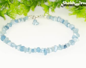 Aquamarine Anklet, March birthstone anklet, Blue gemstone chip ankle bracelet, Adjustable Raw crystal anklet, Summer beach anklet for women