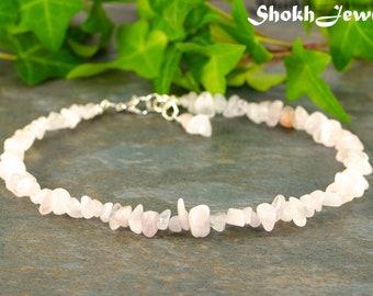 Rose Quartz anklet, Pink gemstone chip anklet for women, Raw crystal anklet, Adjustable natural gem stone anklet, Self love jewelry