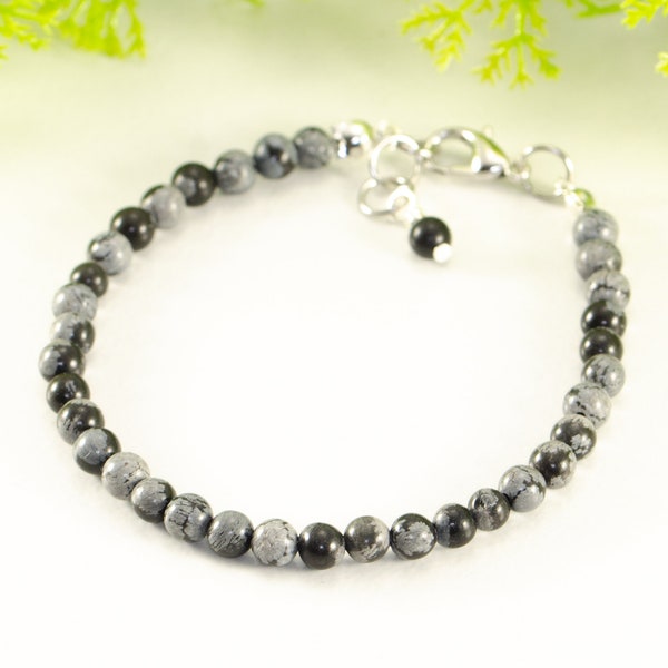 4mm Snowflake Obsidian Anklet, Genuine gemstone ankle bracelet, Handmade crystal anklet, Dainty gem stone anklet, Unusual Mother's day gift