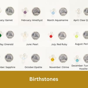 May include: A collection of birthstone charms, each paired with a coin. The gemstones include garnet, amethyst, aquamarine, clear quartz, emerald, pearl, red ruby, peridot, sapphire, opalite, citrine, and turquoise howlite. The word "Birthstones" is at the bottom.