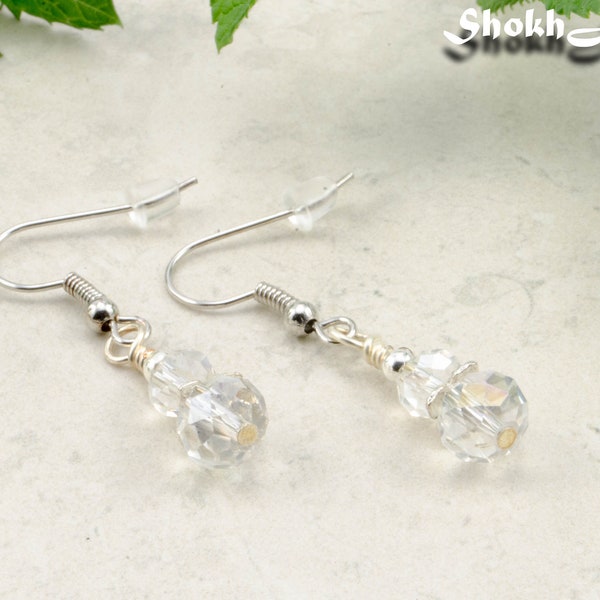 Crystal clear glass bead earrings, Sparkly tiny dangle earrings, Simple Casual earrings, Modern minimalist bridal earrings, Bridesmaids gift