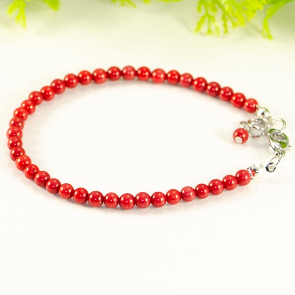 4mm Red Coral Anklet for women, Minimalist summer ankle bracelet, Handmade dainty gemstone beaded anklet, Delicate anklet, Christmas gift