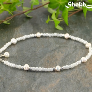 Fresh water pearl and seed bead anklet, Handmade Beaded ankle bracelet, Simple white pearl anklet for women, Summer beach wedding bracelet