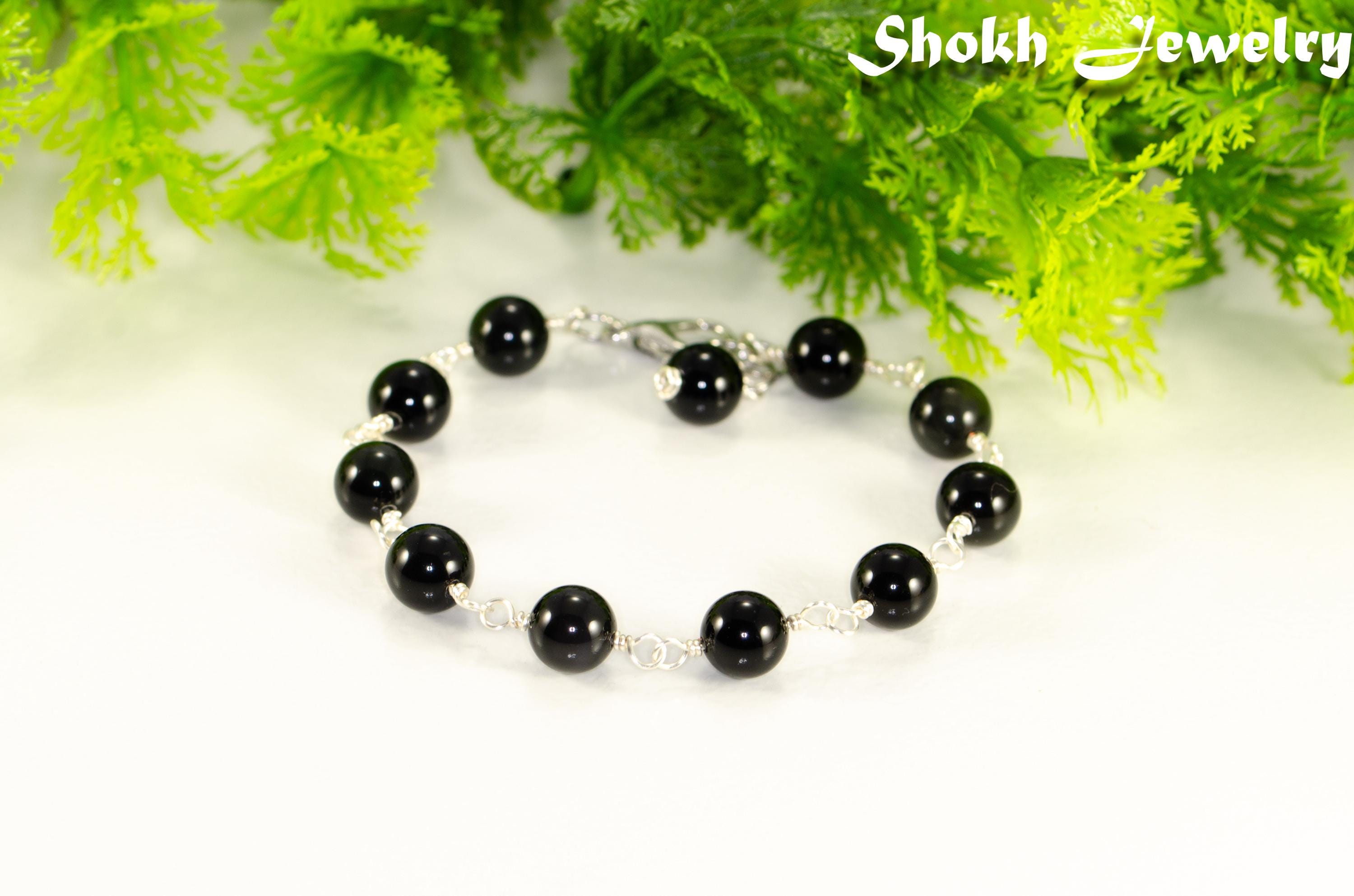 8mm Black Obsidian Bracelet with clasp, Beaded Genuine Gemstone Bracelet, Authentic crystal bracelet, Handmade wire link bracelet for women