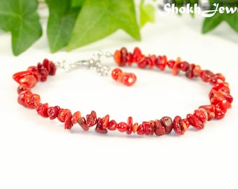 Natural red coral anklet, Handmade Boho beaded ankle bracelet, Raw gemstone chip anklet for women, Summer beach vacation jewelry gift