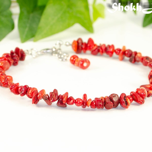Natural red coral anklet, Handmade Boho beaded ankle bracelet, Raw gemstone chip anklet for women, Summer beach vacation jewelry gift