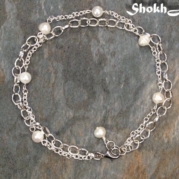 Genuine Freshwater Pearl Anklet, Layered Boho Beaded Ankle Bracelet, Chunky chain and pearl anklet, Wedding anklet, Double chain anklet