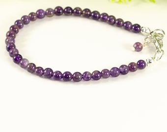 4mm Amethyst Anklet for women, Genuine gemstone beaded ankle bracelet, Handmade dainty purple crystal anklet, February birthstone jewelry