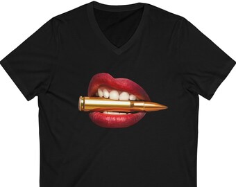Bite The Bullet Unisex V Neck T-Shirt by RedPill45, Short-Sleeve V Neck T-Shirt, Defend the 2nd Punk Rock Original Art Shirt