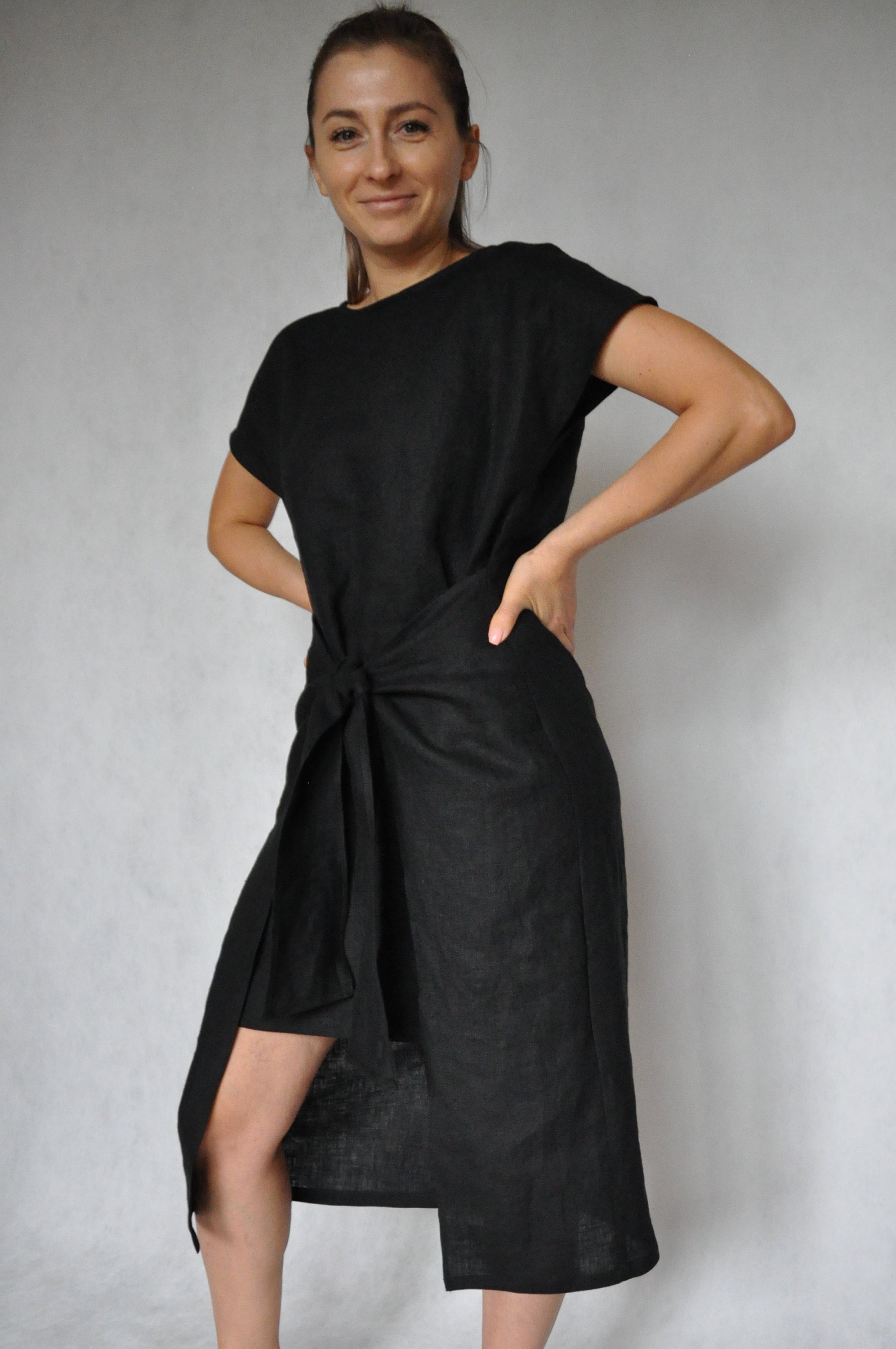 Linen Wrap Dress in Black. Etsy